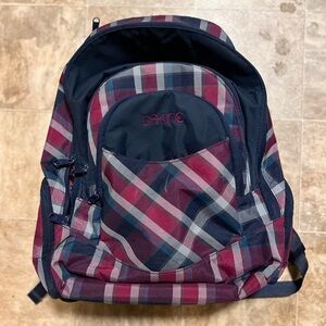 Dakine Prom laptop backpack in purple and blue plaid